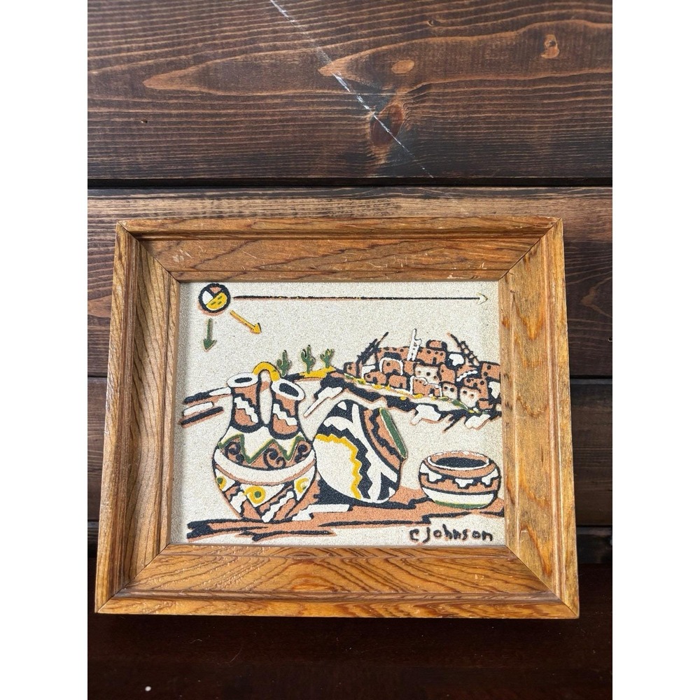 Vintage Rainbow Way Sand Painting C Johnson Glazed Pueblo Pottery Southwest Art